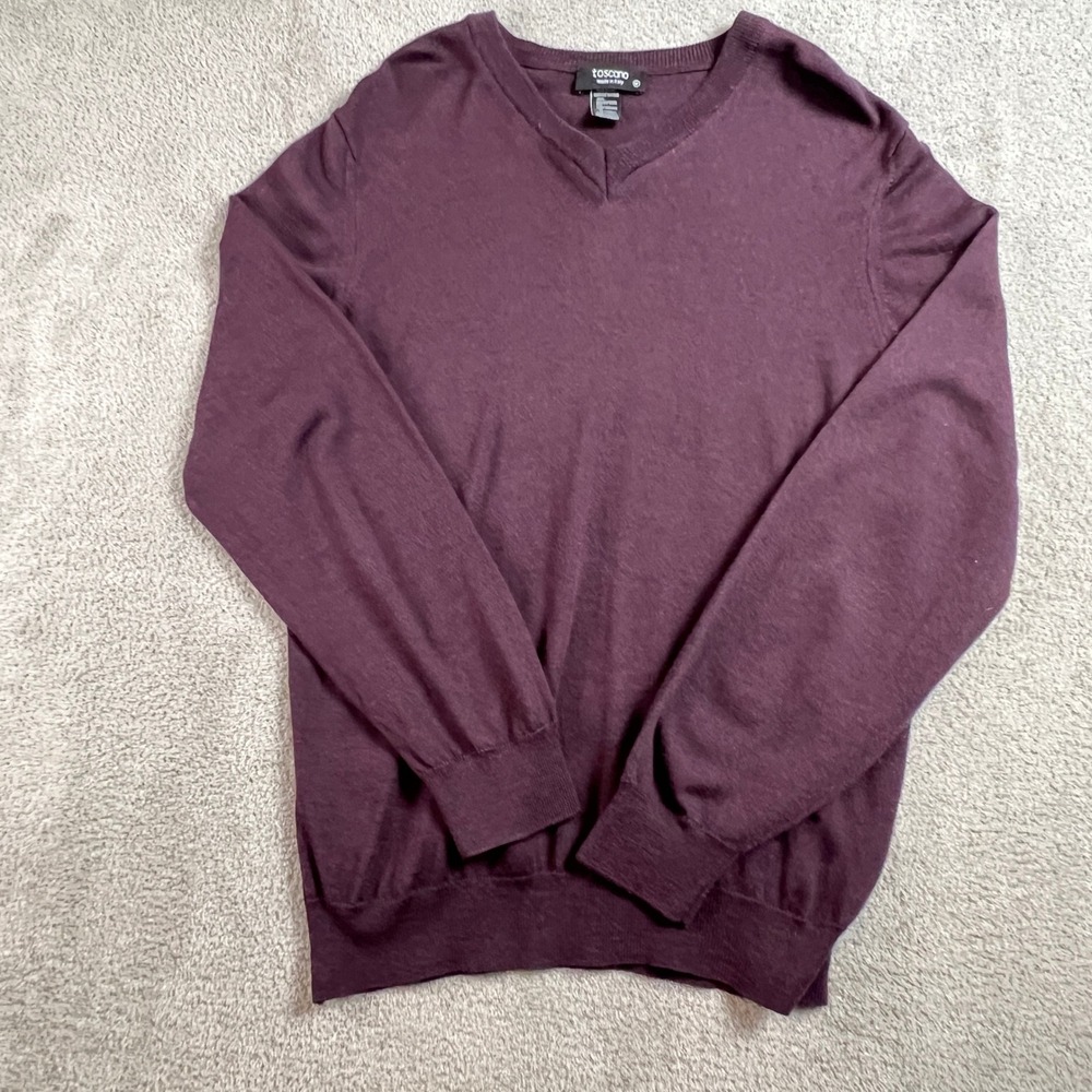 Toscano Sweater Mens Medium 100% Merino Wool V Neck Fine Burgundy Made Italy‎
